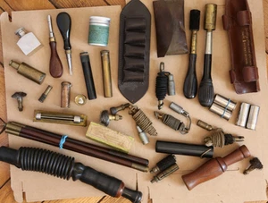 Job Lot Shooting Interest Shotgun Case Eley Oil Bottle Turnscrew Powder Flask - Bild 1 von 15