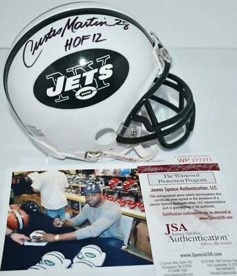 CURTIS MARTIN AUTOGRAPHED THROWBACK MINI HELMET NEW YORK JETS HOF 2012 JSA  - Image 1 of 4