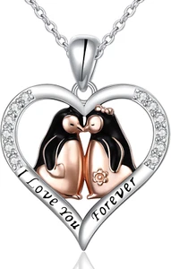 Forever Love Heart Penguin Necklace Gifts for Women Couples 925 Sterling Silver - Picture 1 of 6