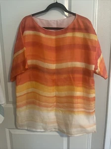Lafayette 148 Top Damen L orange gelb gestreift Tunika Leinen Seidenmischung Boxy Fit - Bild 1 von 6