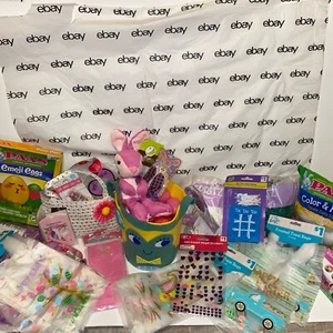 pink yellow easter basket bundle girls  80+ items!  toys bunny egg lip balm hair - Picture 1 of 23