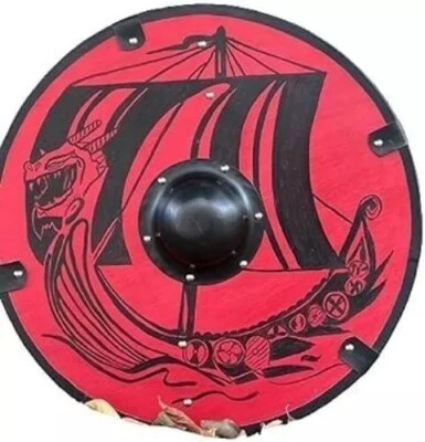 Viking Wooden Red Shield Ship Printed Design Round Wooden Shield Armor Red Templ - Image 1 of 3