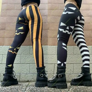 Sexy Striped Leggings Halloween Jack O Lantern Goth Gothic Alternative Clothing - Picture 1 of 5