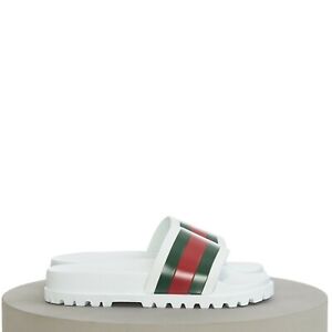 GUCCI 400$ Men's Web Slide Sandal In White Rubber