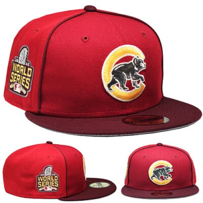 New Era Chicago Cubs Maroon Fitted Hat MLB 2016 World Series Side Patch Cap - Image 1 of 4