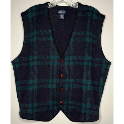 Lands' End men’s sweater vest v-neck button up wool blend black watch tartan L - Image 1 of 4
