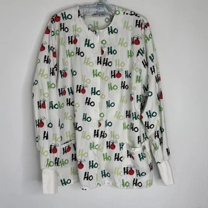 UA Scrub Christmas Holiday Scrub Jacket Snaps Ho Ho Ho White Red Green - Picture 1 of 8