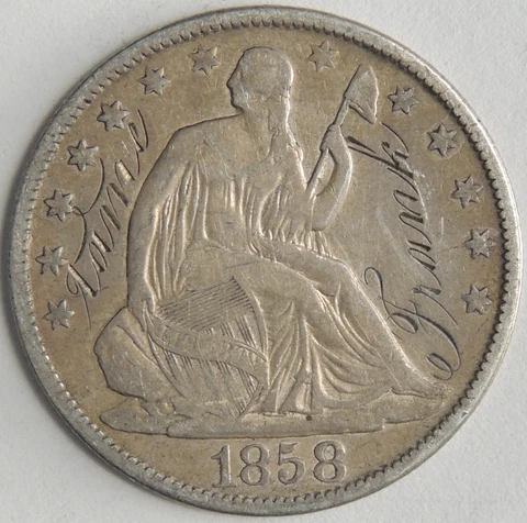 1858-O  50C SEATED HALF DOLLAR VF DETAILS "LOVE TOKEN / ENGRAVED"  (220725111) Cover