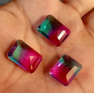 43.75 CT Good Looking Emerald Cut BI-Multicolor Tourmaline Doublet Gemstone 3 P - Picture 1 of 7