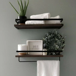 2 Set Rustic Floating Wall Shelves Bathroom Utility Decorative Rack w/ Towel Rod - Picture 1 of 12