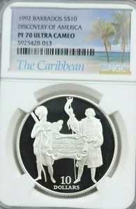 1992 BARBADOS SILVER 10 DOLLARS DISCOVERY OF AMERICA NGC PF 70 ULTRA CAMEO POP 1 - Picture 1 of 4