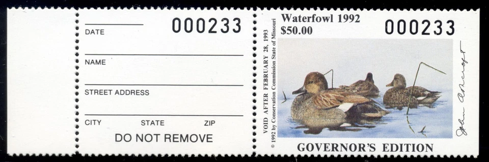Missouri 1992 Duck Stamp, $50 Governor's Edition, Scott MO14g, XF, MNH, full tab - Image 1 of 1