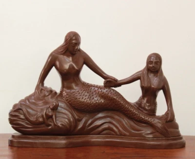 Estatua de Sirena y Mermán Antigua De Colección Decoración del Hogar Regalo Escultura de Madera Rara Foto 1 de 4