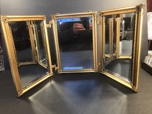 Antique folding bronze mirror/Beveled glass/gilded bronze/flowers/France C.1910 - Picture 1 of 12