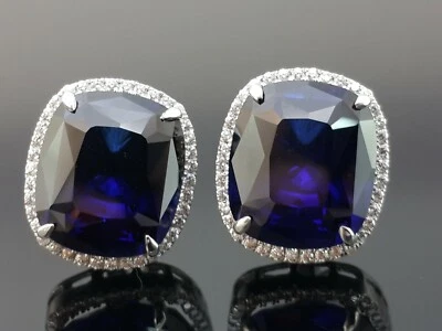 Lab Kashmir Sapphire Cushion Cuff Links Fine Silver Handcrafted Statement Jewels - Image 1 of 4