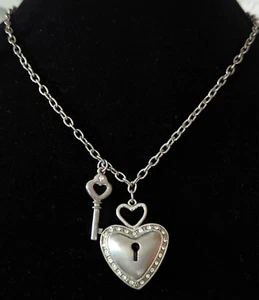 Heart Key Pendant Necklace Silver Tone Love Hearts Valentine's Day Jewelry Gift - Picture 1 of 5