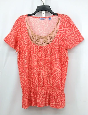 IZOD Shirt Womens Size L Coral Orange Beaded Round Neck Elastic Hem Pullover Top - Image 1 of 4
