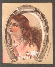 Merchant's Gargling Oil Liniment for Man & Beast trade card woman pearls 1880s
