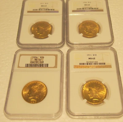 JUEGO DE 3 MONEDAS DE ORO MS62 CABEZA INDIA EE. UU. $10,00 NGC 1 X C1911 Y 2 X CIRCA 1926  Foto 1 de 3