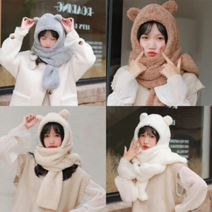 Warm Hooded Scarf With Mittens Winter Cute Bear Ear Hat Imitation Cashmere - Picture 1 of 12