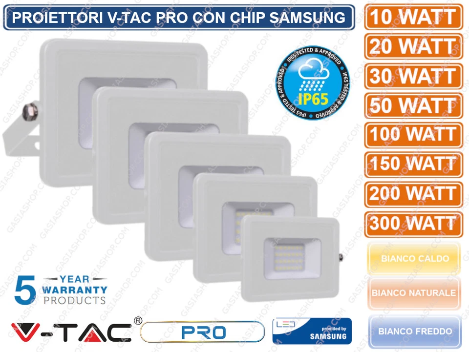 V-TAC PRO FARO PROIETTORE CHIP LED SAMSUNG 10 20 30 50 100 150 200 300 WATT IP65 - Immagine 1 di 1