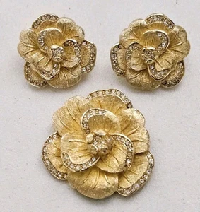 Vintage Christian Dior Gold Kamelie Blume Ohrring & Brosche Set - Bild 1 von 16