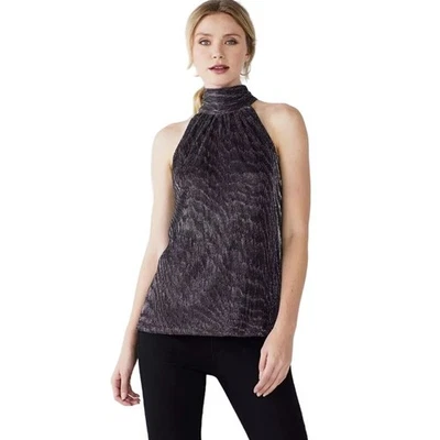 Top elegante Nine West negro brillante sin mangas cuello alto espalda lazo trasero S Foto 1 de 4