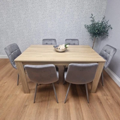 Dining Table Set Of 6 Oak Kitchen Dining Table and 6 Grey Tufted Velvet Chairs - Image 1 of 4