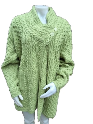 Aran Crafts Green Merino Wool Cable-Knit Cardigan -Collar Sweater L - Image 1 of 4