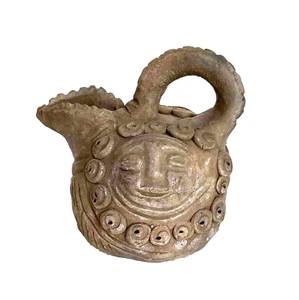 Pre-Columbian Meso-American Handled Pottery Pitcher, Zigzag Edge & Spout - Picture 1 of 12
