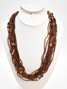 Dark Amber Seed Bead Multi-strand Torsade Honeycomb Amber Obsidian Chip Necklace - Picture 1 of 3