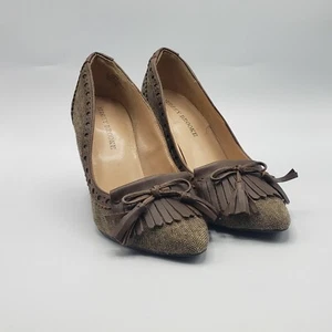 Audrey Brooke Shoes Womens 8.5 Heels Tan Tweed Fabric Brown Leather Bow Tassel - Picture 1 of 8