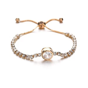 Adjustable Silver Rose Gold Tennis Cubic Zirconia Crystal Fashion Bracelet Gift - Picture 1 of 9