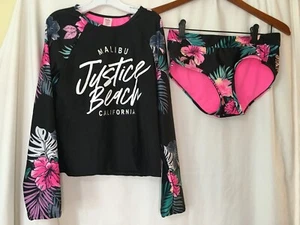 NWT Justice Girl Rash Guard SET 2 pc Black Floral  Swimsuit UPF 50+ many sizes - Picture 1 of 5