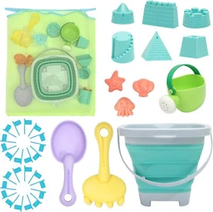 Collapsible beach toys set with bucket, shovels, molds, flags, mesh bag - Picture 1 of 7