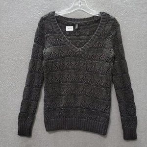 Guess Women Sweater Medium Gray Striped Texture V Neck Wool Blend Knit READ - Picture 1 of 11