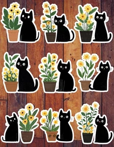 Black Cat Yellow Flower Vinyl Stickers Set Scrapbooking Laptop Waterbottle - Picture 1 of 1