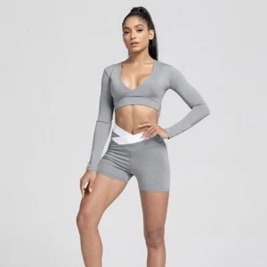 Yoga Fitness Women Crop Tops Short Sets V-cross Waist Sports Women's Clothing - Picture 1 of 9