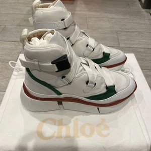 Size37- Chloé Canvas Leather Trim Embellishment Wedge Sneakers - Picture 1 of 5