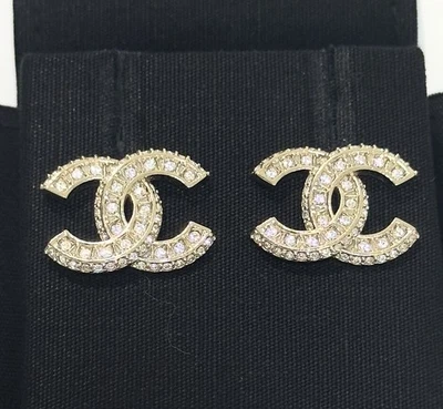 Chanel REV Gold Crystal CC Logo Classic Statement Small Stud Earrings - Image 1 of 4