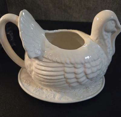 Vintage White Ceramic Turkey Gravy Server with Plate- Chesapeake - Image 1 of 4