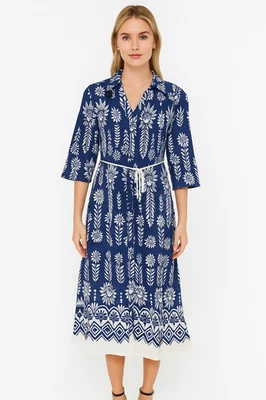 Vestido Mlle Gabrielle Mujer Mediano Azul Blanco Estampado Cinturón Midi Boho India Foto 1 de 4