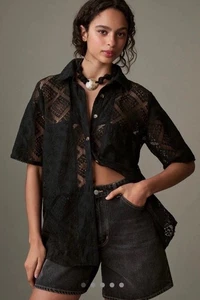Farm Rio Kurzarm Spitzen Surf Shirt schwarz Gr. M Knopfleiste Boho - Bild 1 von 9