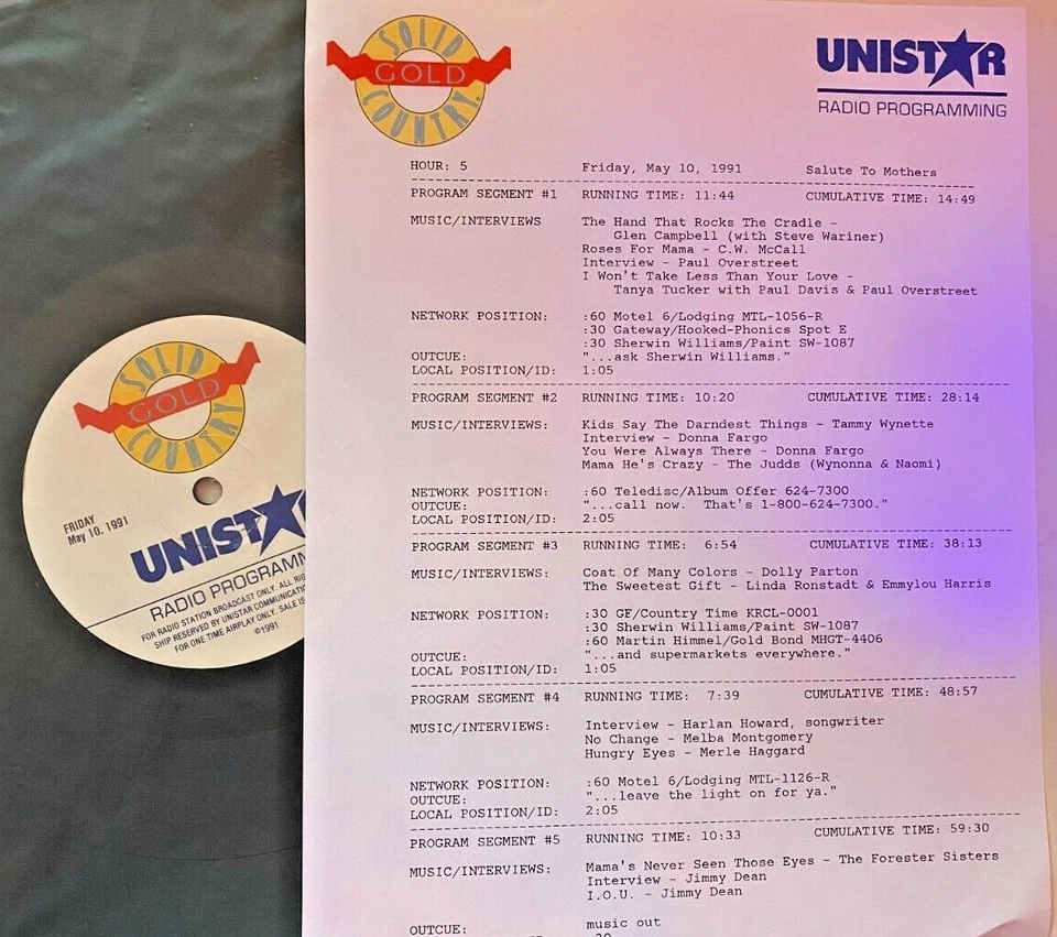 SOLID GOLD COUNTRY RADIO SHOW 5/10/91 MOTHERS SALUTE: TAMMY WYNETTE, JIMMY DEAN - Image 1 of 1