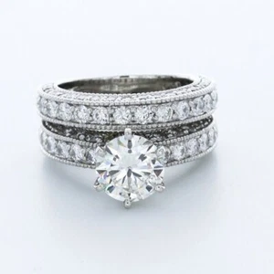 4.8CTW LAB DIAMONDS H/VS2 ROUND CUT PLATINUM 6-PRONG VINTAGE SIDE-STONE RING SET - Picture 1 of 6