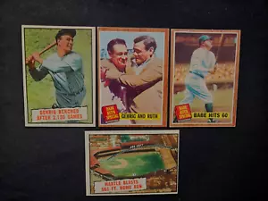 1961 1962 Topps Mickey Mantle Babe Ruth Lou Gehrig Baseball Lot 4 Yankees NICE! - Picture 1 of 11