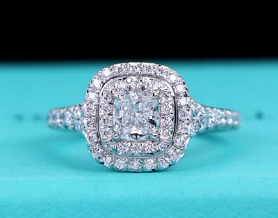 Anillo de compromiso Tiffany Co .45ct E VS2 Soleste cojín diamante doble halo $8150 Foto 1 de 4