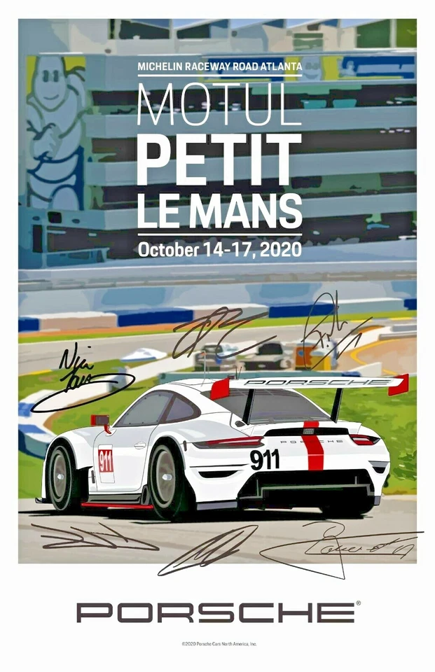AWESOME PORSCHE POSTER MOTUL PETIT LE MANS 2020 Repro SIGNED BY DRIVERS - Image 1 of 1