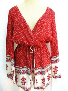 RETRO..HIPPIE..ROMPER..PLAYSUIT..JUMPER..SHORTS..RED..FLOWERS..NEW..sz MED - Picture 1 of 5