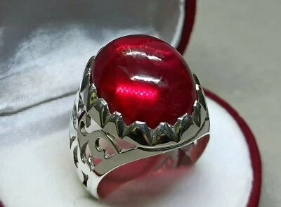 Cabochon Deep Red Ruby Mens Star Ring Sterling Silver 925 Handmade Yaqoot Ring — 第 1/4 张图片
